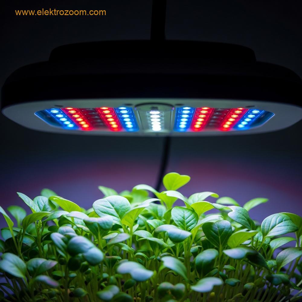 Fide ve genç bitkilerin mavi ve kırmızı spektrum yayan bir LED ışık altında yoğun bir şekilde büyüdüğü kapalı alan bahçesi.