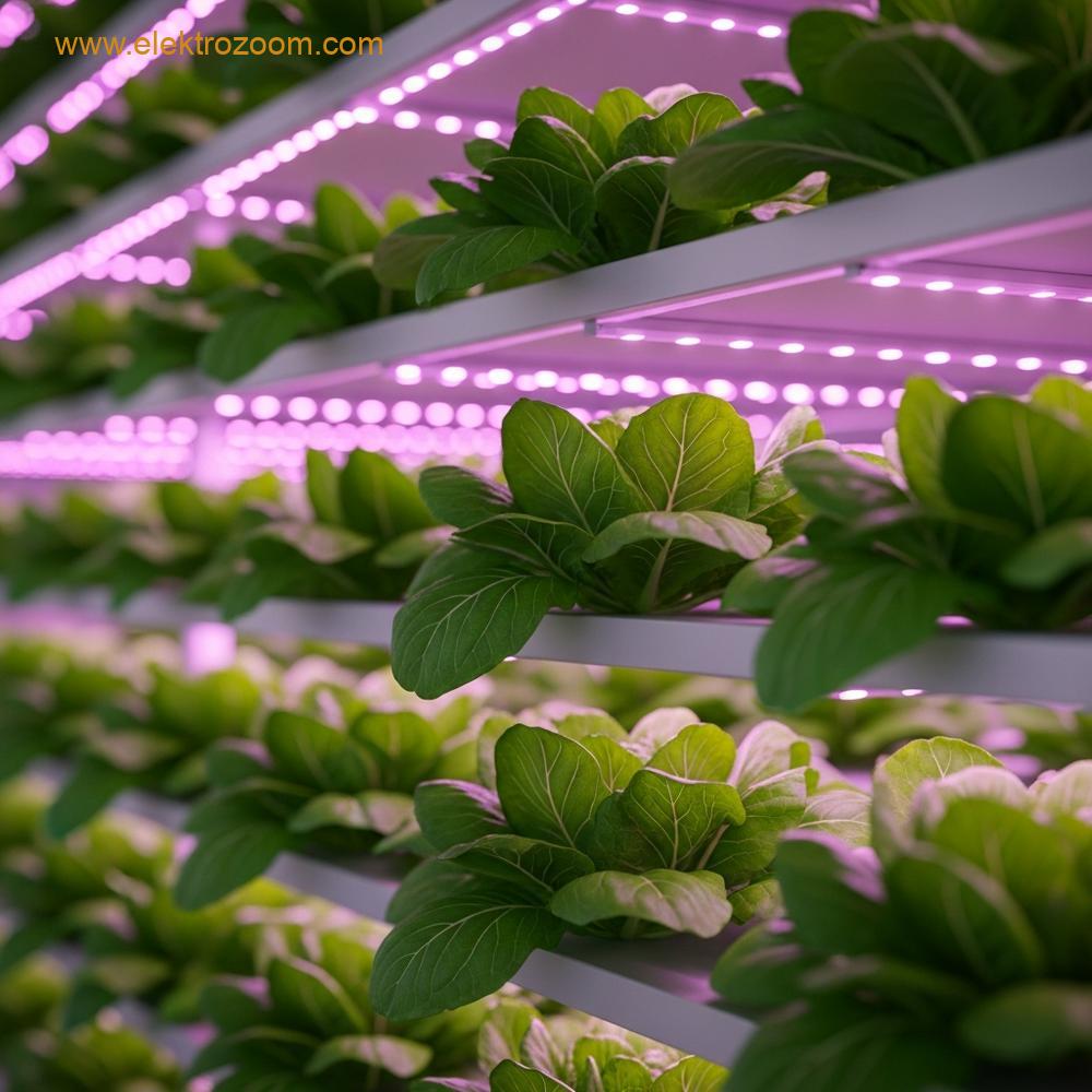 Modern bir dikey çiftliğin içinden yakın çekim, hiper-gerçekçi görünüm. Dikey katmanlarda istiflenmiş yemyeşil, canlı yapraklı sebze sıraları görünüyor. Güçlü, üstten gelen LED yetiştirme ışıkları, fotosentez için ışık spektrumunu optimize eden belirgin bir morumsu-pembe parlaklık yayıyor. Yaprakların sağlığına ve yoğunluğuna odaklanılmış. Birkaç merkezi yaprağın detayını sergileyen sığ alan derinliği, arka plan hafifçe bulanıklaştırılmış. Görüntüde metin veya yazı yok. Sinematik aydınlatma, yüksek çözünürlük.
