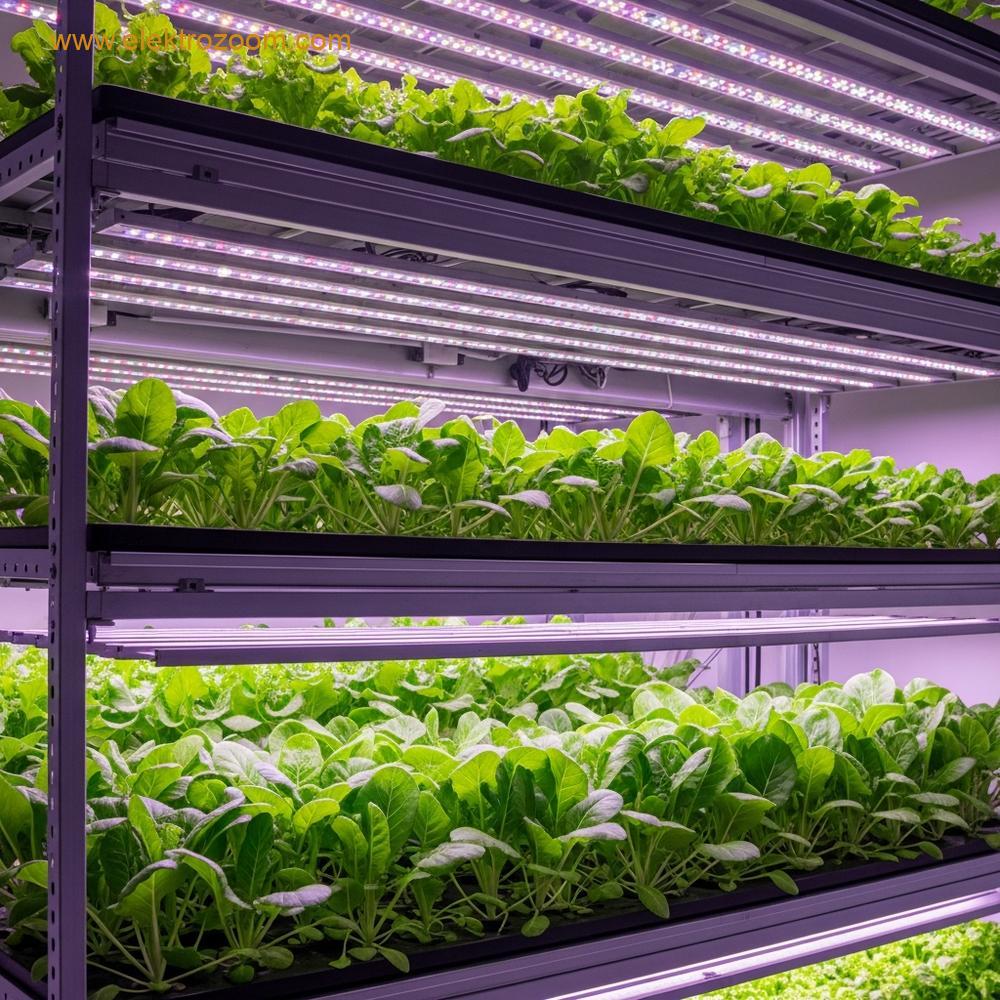 Kapalı dikey tarım tesisinde çok katlı raflarda dizilmiş yeşil yapraklı sebzeler ve üzerlerinde pembe-mor ışık yayan LED yetiştirme lambaları.