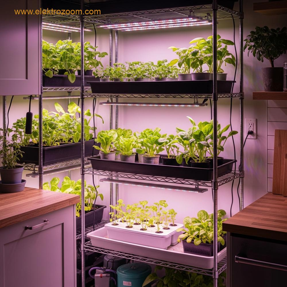 Modern bir mutfak köşesinin küçük, düzenli bir iç mekan çiftliğine dönüştürülmüş hali. Rafların birkaç seviyesi kurulmuş olup, her seviyede marul ve ıspanak gibi çeşitli yapraklı yeşilliklerle dolu küçük saksılar veya basit bir hidroponik tepsi bulunmaktadır. Her bitki seviyesinin hemen üzerinde, fotosentetik spektrumların karakteristik özelliği olan dengeli bir pembe/mor ışık yayan şık, şerit tarzı bir LED yetiştirme ışığı konumlandırılmıştır. Ortam temiz, düzenli ve bol, hızlı büyümeyi gösteriyor. Metin veya harf görünmüyor. Gerçekçi fotoğrafçılık stili, orta rafta odaklanan sığ alan derinliği.