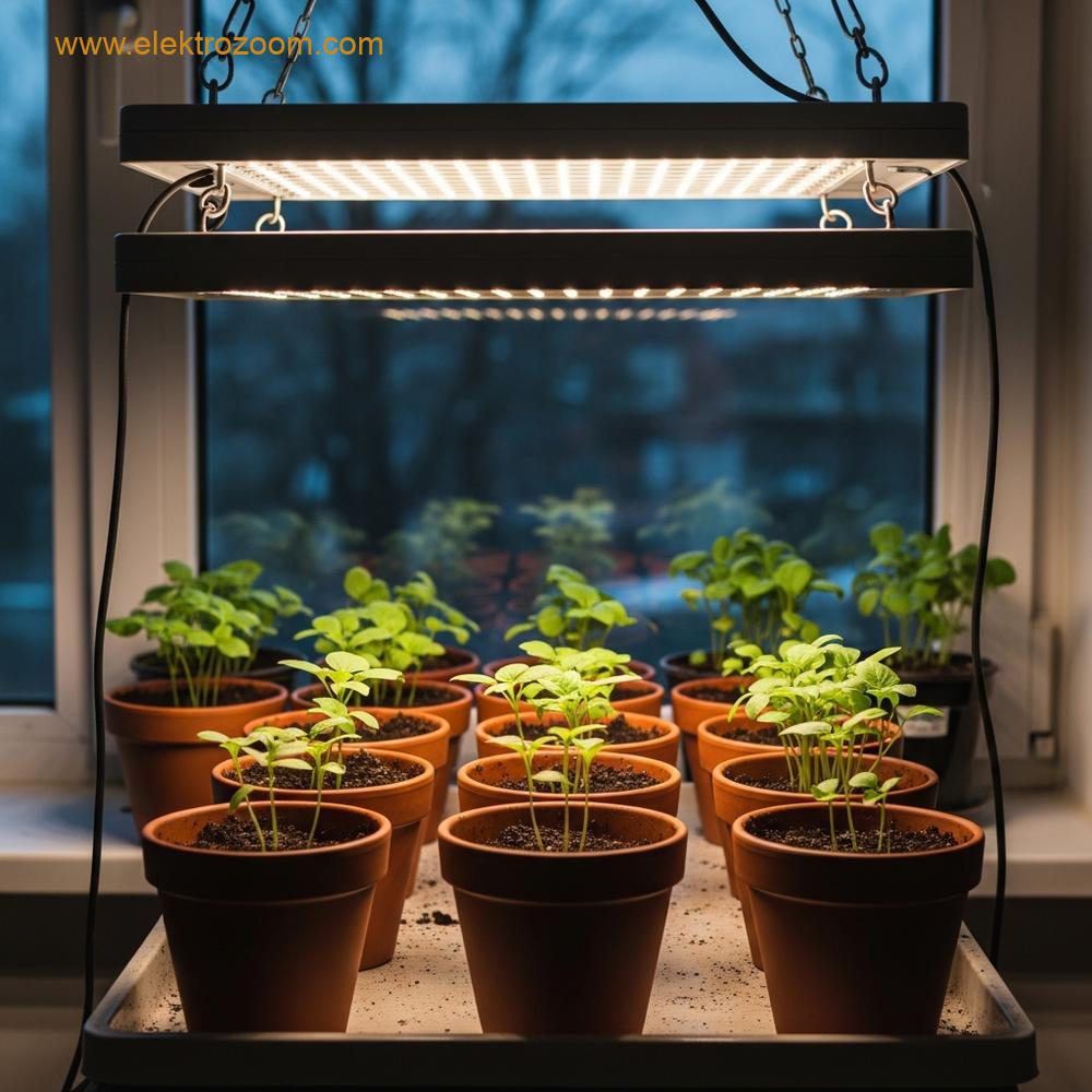 Kışın düzenlenmiş bir iç mekan bahçecilik kurulumu. Süspansiyonlu bir yetiştirme lambası altında genç fideler bulunan küçük saksılar görülüyor.
