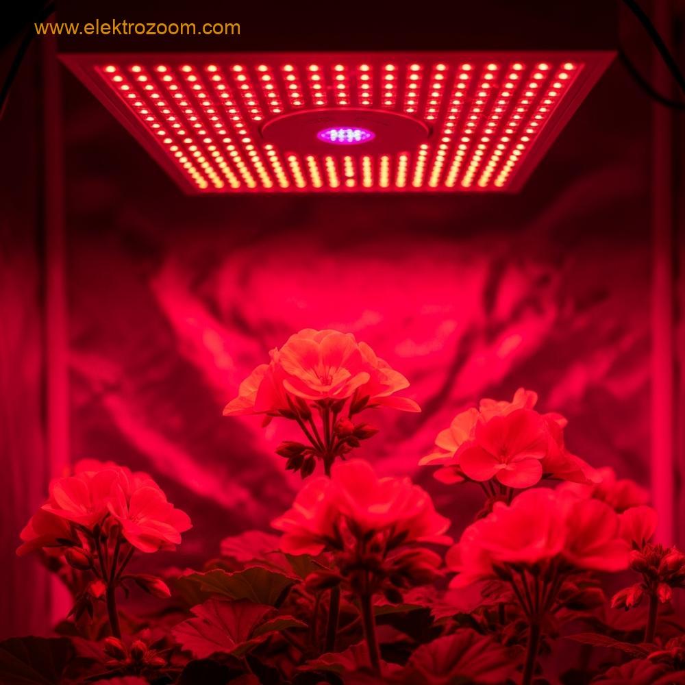 Canlı, pembe çiçeklerin bir iç mekan yetiştirme çadırında yakın çekim görüntüsü. Çiçeklerin üzerinde yüksek verimli bir LED yetiştirme ışık paneli, gelişen çiçekleri net bir şekilde aydınlatarak zengin, derin kırmızı ve macenta bir ışık spektrumu yayıyor.