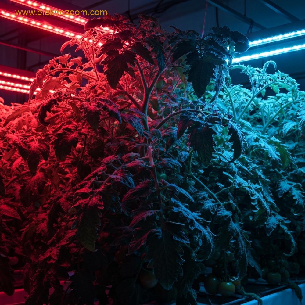 Olgun bir domates bitkisi, çiçeklenme evresi için gereken derin kırmızı ve soğuk mavi ışık spektrumlarını yansıtan özel LED aydınlatma altında gelişiyor.