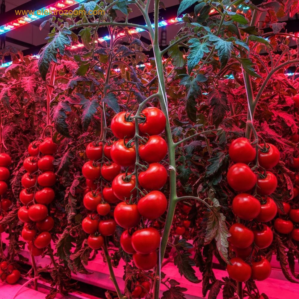 İç mekan dikey tarım ortamında, olgunlaşan parlak kırmızı meyvelerle yüklü olgun domates bitkilerini gösteren, güzel düzenlenmiş, gerçekçi bir görüntü. Bitkiler, meyvelerin gelişimi için gerekli olan derin kırmızı spektrumu açıkça vurgulayan odaklanmış yetiştirme lambalarıyla aydınlatılıyor.