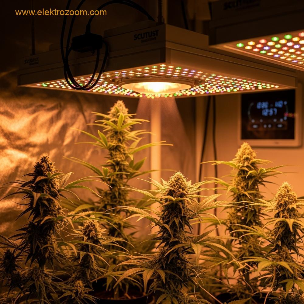 Kontrollü bir tarımsal ortamın iç görünümü, farklı evrelerdeki sağlıklı bitkileri sergiliyor, hepsi ayarlanabilir tavan lambalarının altında konumlandırılmış. Çiçeklenmeyi teşvik etmek için gereken koşulları simüle eden sıcak, odaklanmış bir ışık hüzmesi gösteren belirgin bir ışık fikstürü açıkça görülüyor.