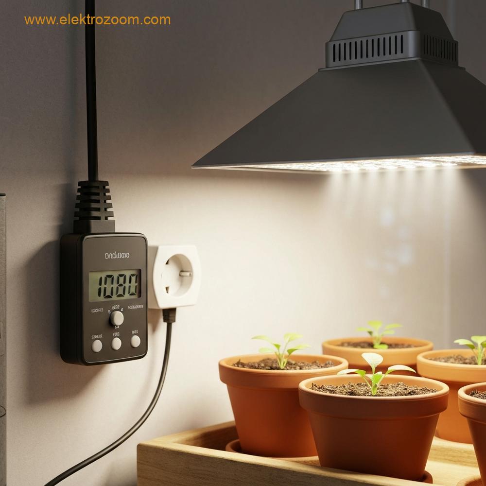 Bir elektrik prizine bağlı küçük bir dijital zamanlayıcıyı gösteren, fidanların bulunduğu küçük toprak saksıların üzerine asılmış profesyonel görünümlü bir bitki yetiştirme lambasına güç veren detaylı, hiper-gerçekçi bir iç mekan görüntüsü. Işık huzmesi belirgin şekilde yoğun ancak aşağı doğru odaklanmış.