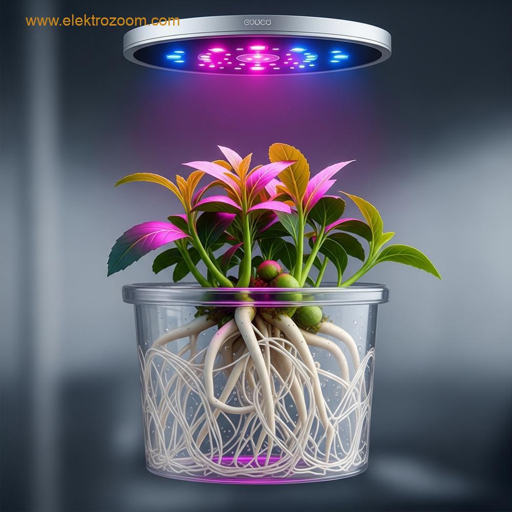 Şeffaf yetiştirme ortamında büyüyen sağlıklı bir bitkinin kök sistemine odaklanan yakın çekim, gerçekçi fotoğraf. Köklerin üstünde ise LED yetiştirme lambası görülüyor.