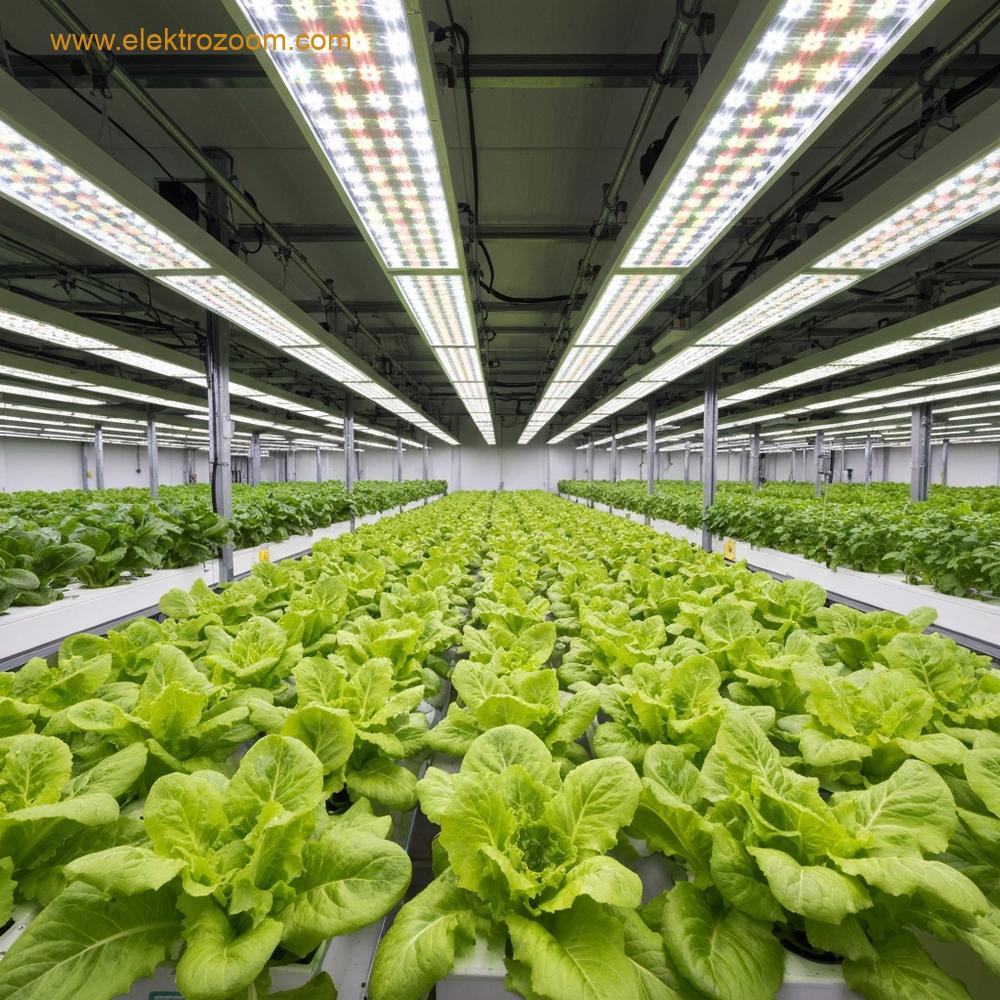 Tam spektrumlu LED yetiştirme ışıklarıyla aydınlatılan, içeride dikey bir çiftlik düzenlemesinde gelişen, marul veya otlar gibi yemyeşil, sağlıklı sebze bitkilerinin sıra sıra dizildiği geniş açılı bir iç mekan görüntüsü. Aydınlatma dengeli görünmeli ve optimal büyüme koşullarını ima etmelidir. Ekipman veya bitkiler üzerinde görünür marka veya metinlerden kaçınılmalıdır. Fotogerçekçi stil.