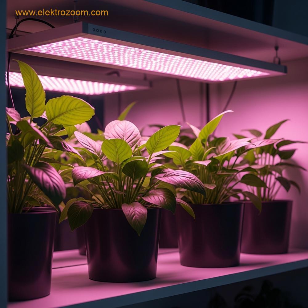 Modern, minimalist bir iç mekan bahçecilik kurulumunun içten çekimi. Üstte asılı olan yetiştirme lambası, yeşil bitkilerin üzerine pembe-mor bir ışık yayıyor.