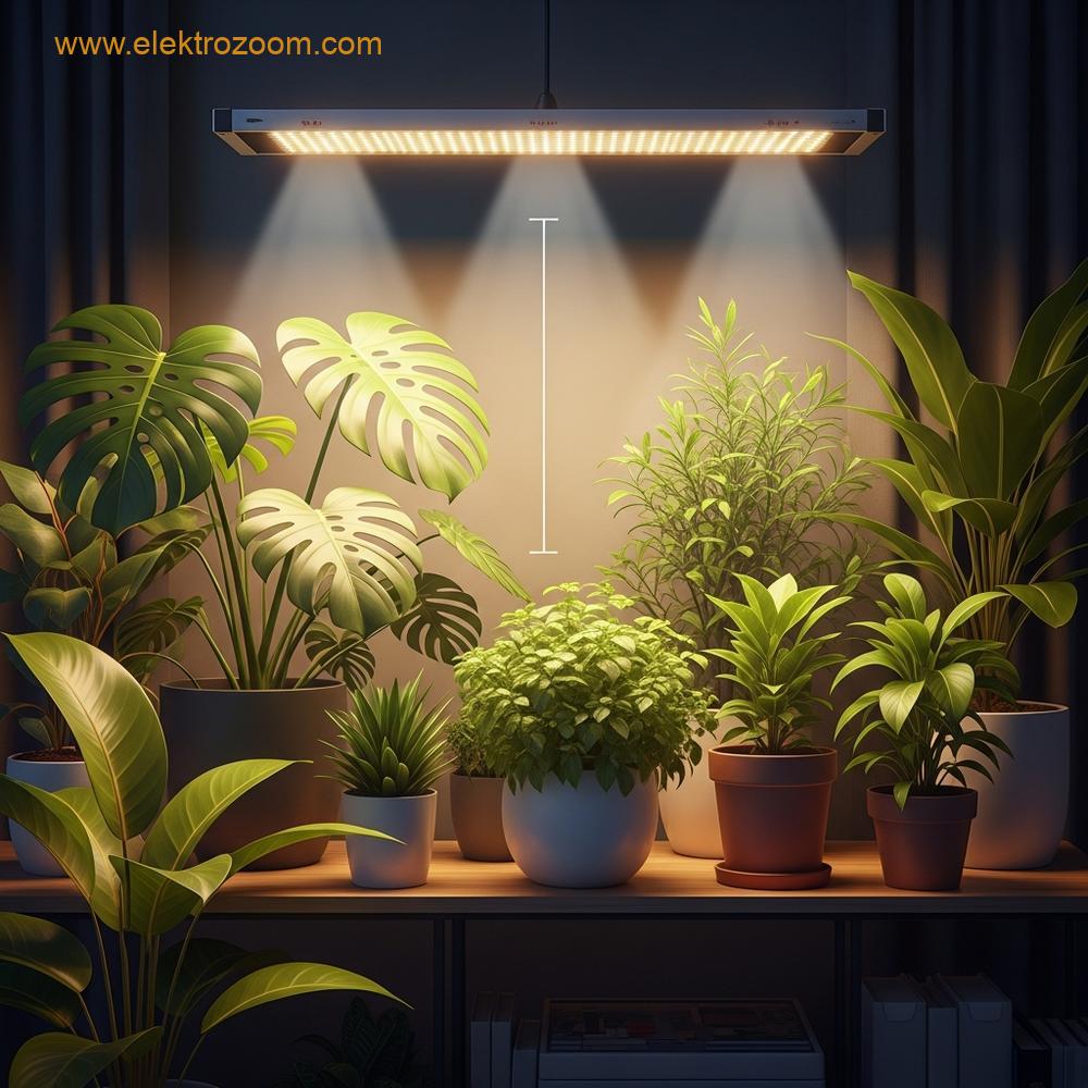 Kapalı alanda raf üzerinde bulunan olgun ev bitkilerinin üzerine asılmış, güçlü bir yetiştirme lambasının ışık verdiği sahne.
