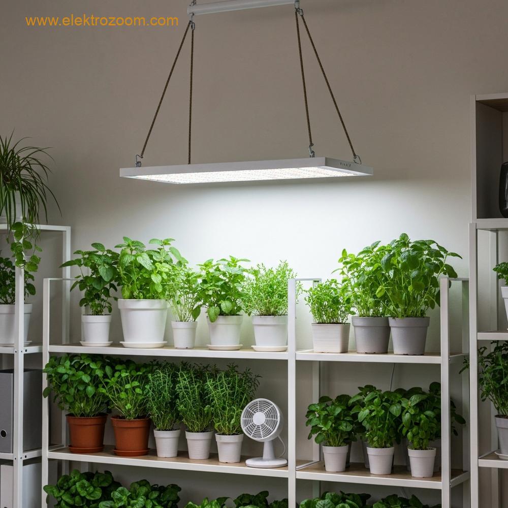Ev ortamında bir raflarda düzenlenmiş saksı bitkileri ve üzerlerinde asılı duran tam spektrumlu bir yetiştirme ışığı görülmektedir. Küçük bir fan hava sirkülasyonu için yakına yerleştirilmiştir.
