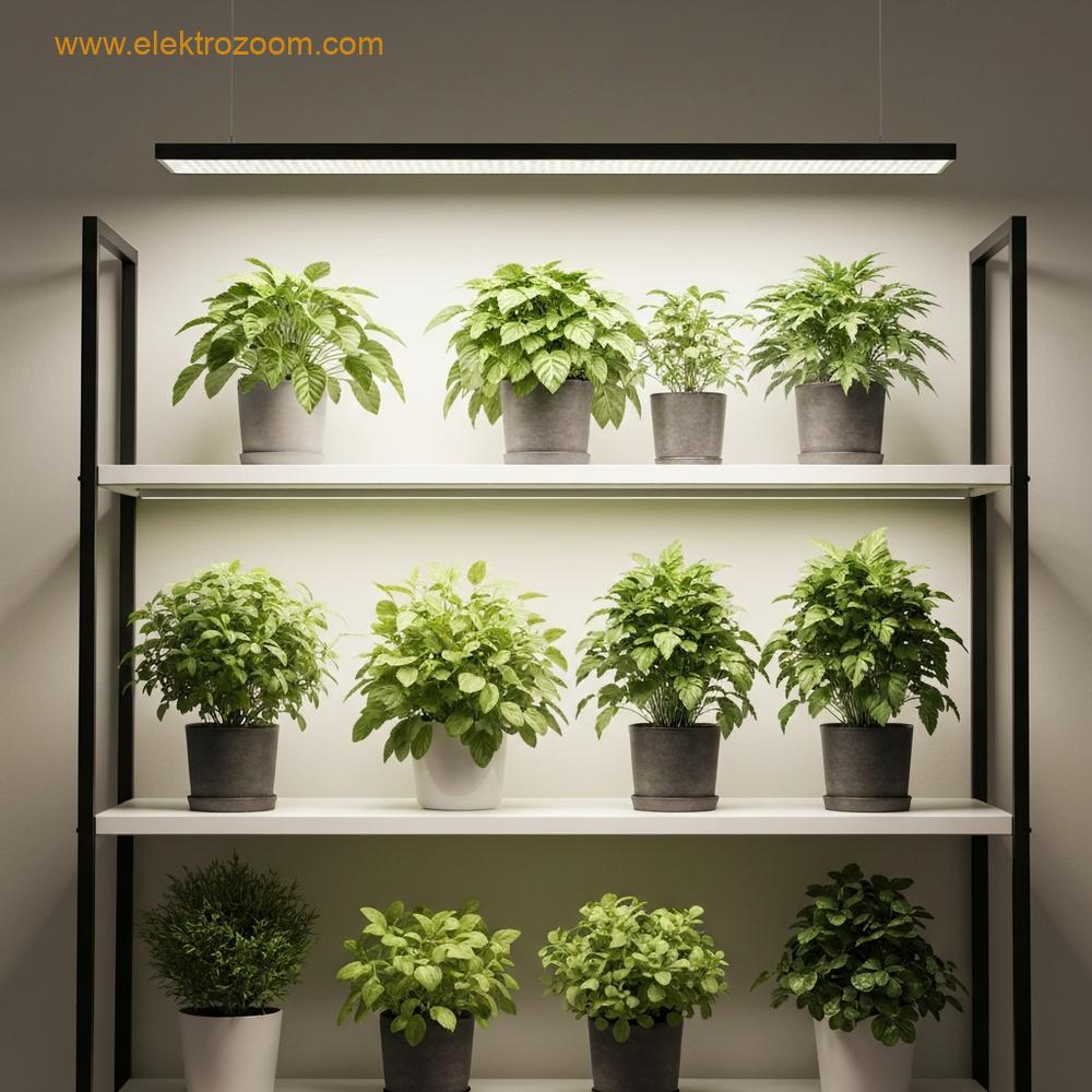 İç mekan bahçeciliğine ayrılmış bir rafa odaklanan temiz, modern bir iç mekan çekimi. Üstte yer alan şık, minimalist bir LED yetiştirme ışığı armatürünün altında birkaç sağlıklı, yemyeşil saksı bitkisi düzenlenmiştir. Işık, yaprakların üzerine eşit, parlak bir parıltı yaymaktadır. Uzmanlaşmış ışık kaynağı ile çevredeki ince oda aydınlatması arasındaki kontrastı gösterin. Sağlıklı vejetatif büyümeyi vurgulayın. Görüntüde kesinlikle herhangi bir metin veya etiket görünmemektedir. Foto-gerçekçi, geniş açılı görünüm.