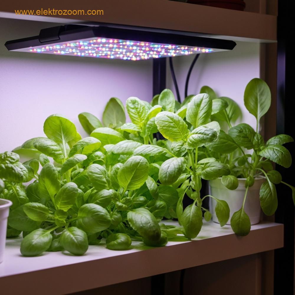 Tam spektrum LED ışık altında içeride sağlıklı bir şekilde büyüyen canlı yeşil yapraklı otların yakın plan, gerçekçi bir fotoğrafı. Işık bitkilere yumuşak, hafif morumsu bir parıltı veriyor.