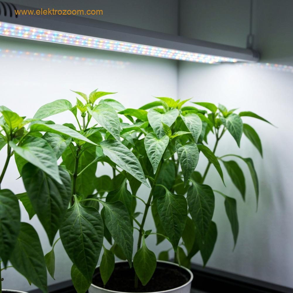 Modern, tam spektrum LED yetiştirme ışığı şeridinin hemen üzerlerinde gelişen birkaç küçük, canlı yeşil biber bitkisinin parlak, sinematik görünümü.