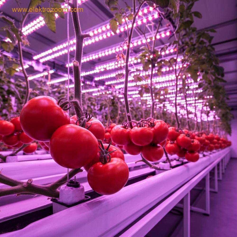 Kontrollü bir tarım tesisinin içinden, özel LED yetiştirme panelleri altında gelişen olgun domates bitkilerinin sergilendiği orta çekim. Paneller, yumuşak, tek tip pembemsi-mor bir ışık yayıyor. Çevre, endüstriyel ve şık olup, iç mekan tarımının teknolojik yönünü vurguluyor. Gelişmekte olan kırmızı domateslerin mükemmel yapısı, yoğun yetiştirme ışıklarıyla tezat oluşturuyor. Sahne fütüristik ama tarıma dayalı hissettirmeli. Görsel kompozisyonda herhangi bir yazı, etiket veya metin bulunmadığından emin olun. Fotogerçekçi, detaylı alan derinliği.