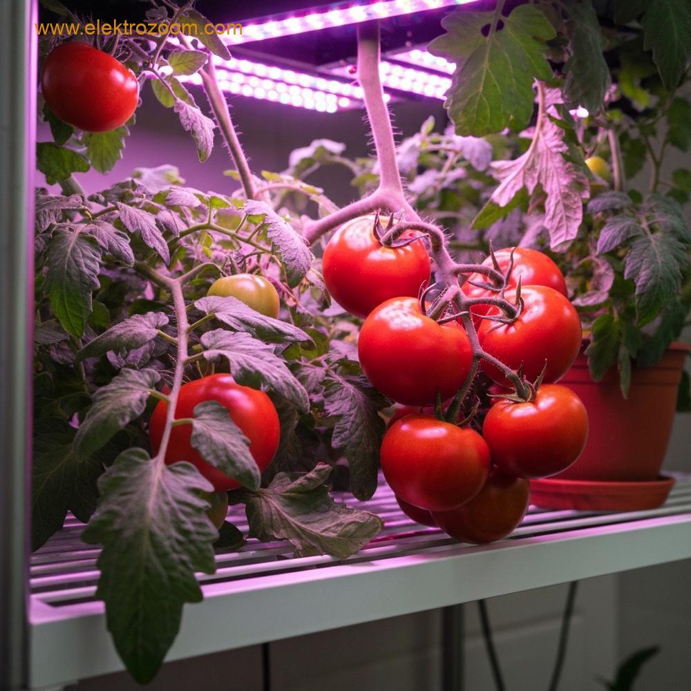 Parlak LED yetiştirme lambaları altında içeride yetişen olgun kırmızı domateslerin gerçekçi, yakın çekim, yüksek detaylı fotoğrafı. Lambalar, canlı yeşil yaprakları ve domates salkımını aydınlatan yumuşak pembe/mor bir ton yayıyor.