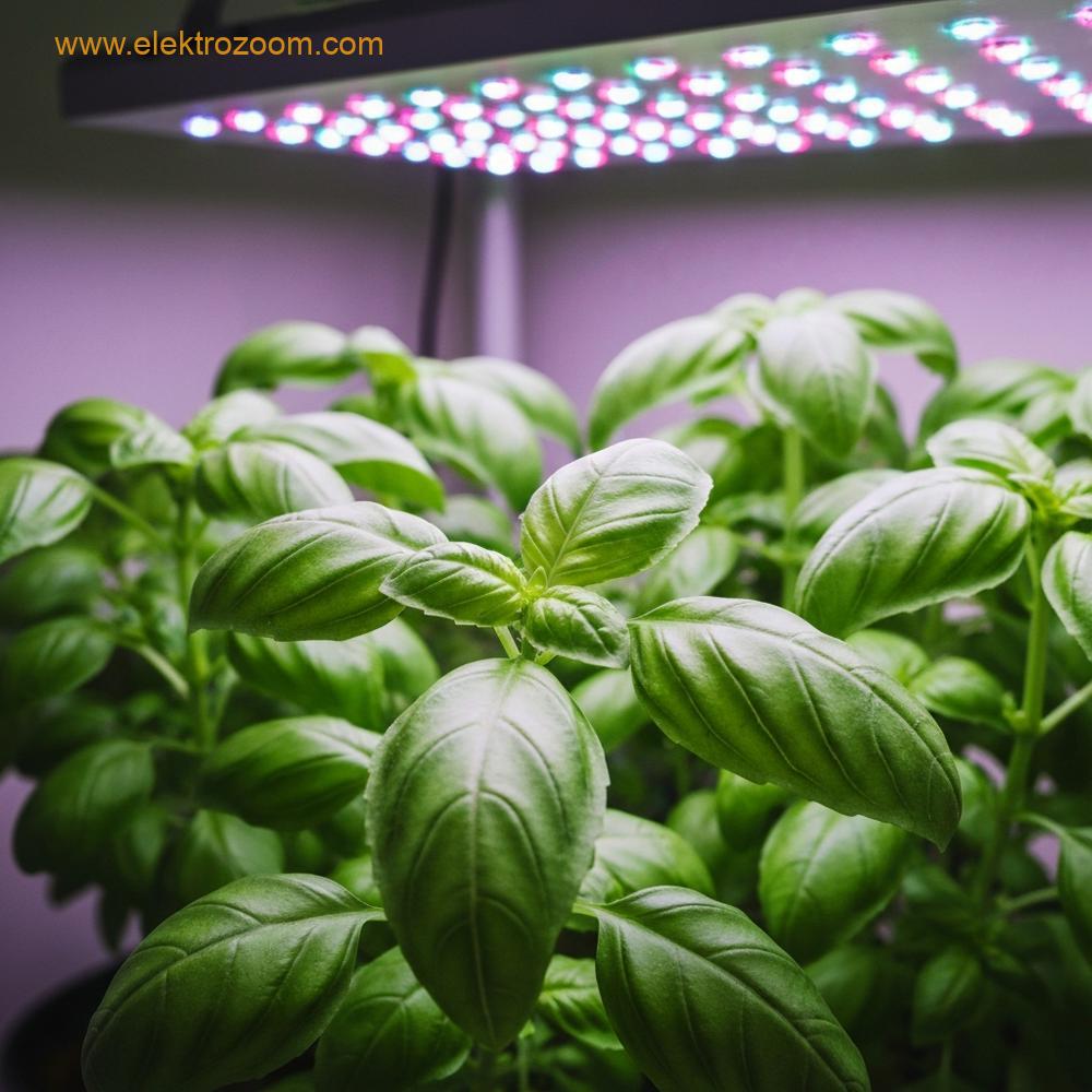 İç mekanda modern bir LED yetiştirme lambası altında büyüyen canlı yeşil fesleğen bitkilerinin yakın çekim, hiper-gerçekçi fotoğrafı. Işık hafif, hafif morumsu-pembe bir parıltı yayıyor.