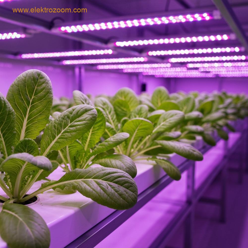 Parlak mor ve pembe LED yetiştirme lambaları altında gelişen canlı yeşil yapraklı sebzelerle yakın çekim, fotogerçekçi iç dikey çiftlik kurulumu.