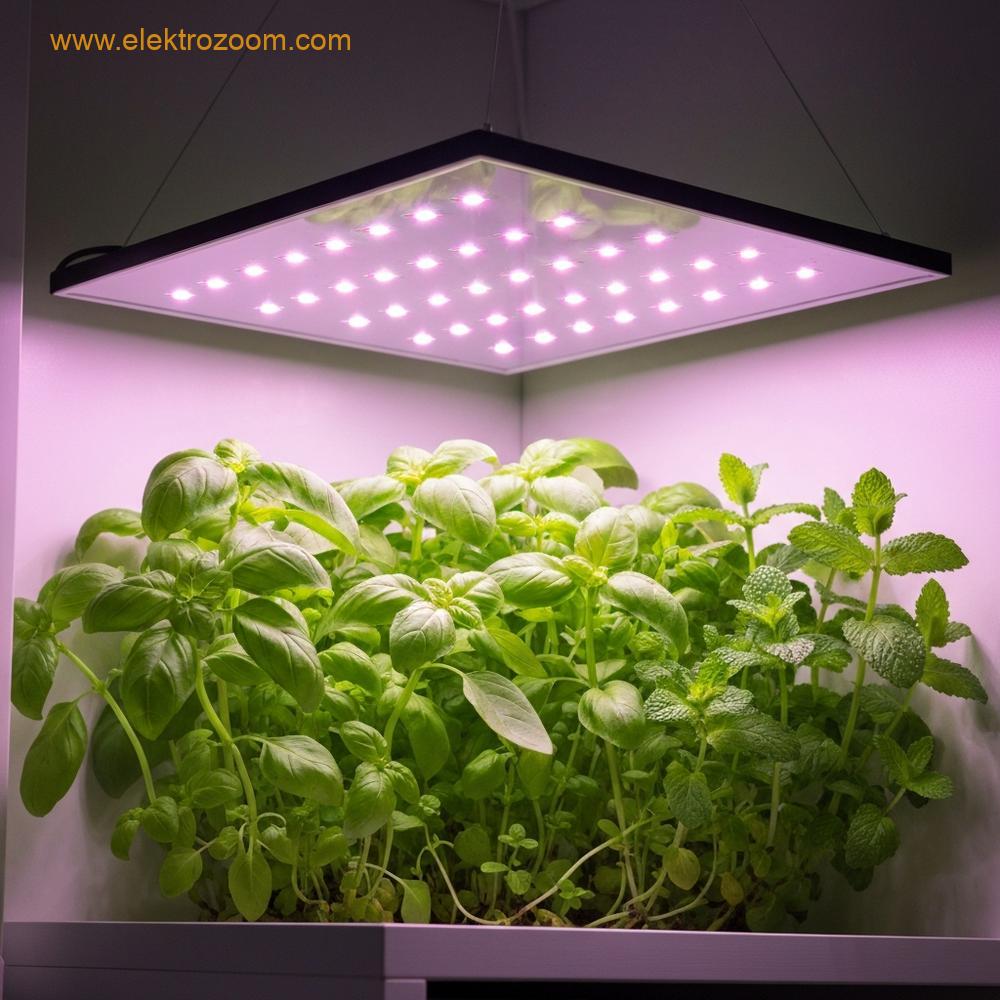 LED bitki yetiştirme lambası altında gelişen taze yeşil otlar