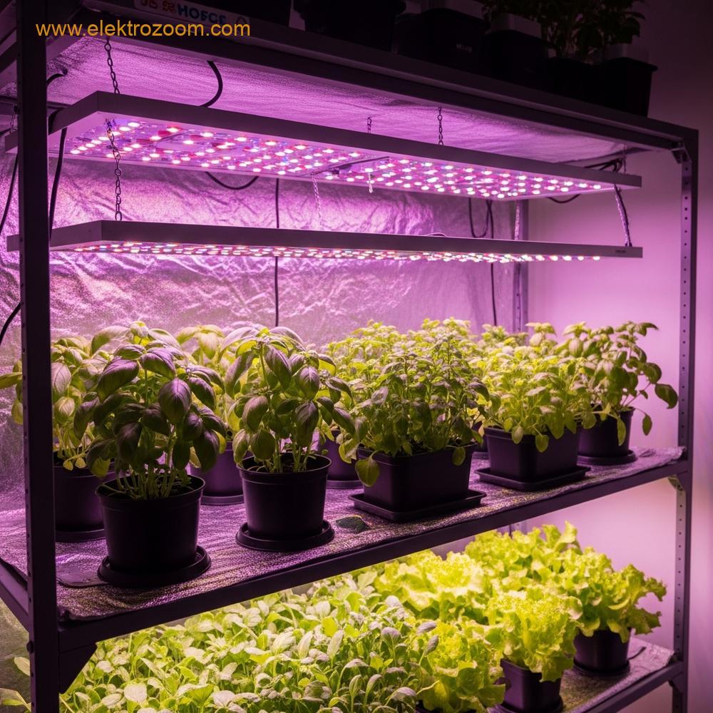 Modern LED yetiştirme ışıkları altında gelişen fesleğen ve marul gibi yeşilliklerin bulunduğu ayrıntılı bir ev içi hidroponik kurulumu.