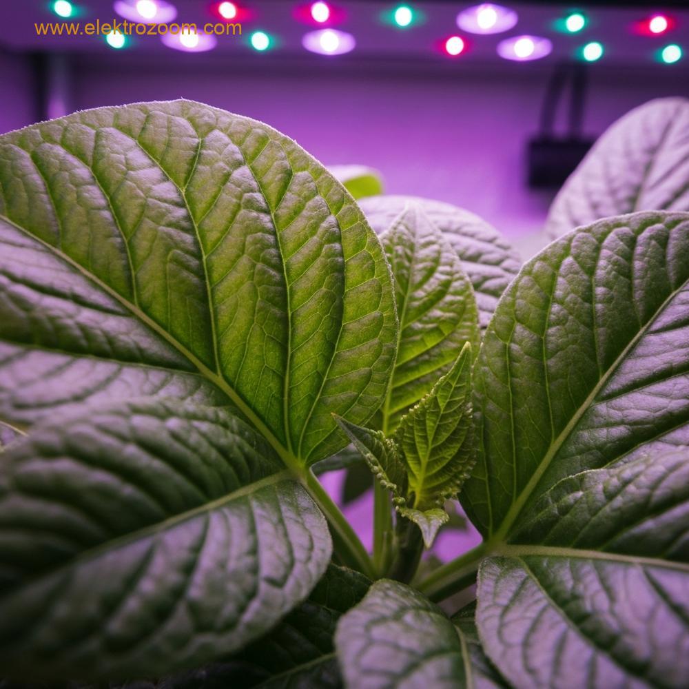 Modern LED yetiştirme lambası altında modern bir kapalı ortamda canlı yeşil bitki yapraklarının ayrıntılı, fotogerçekçi yakın çekimi. Işık, yaprakların zengin klorofil dokusunu vurgulayarak belirgin, yumuşak mor-pembe bir ışıltı yayıyor. Odak, sağlıklı, geniş yaprak yüzey alanında olmalı. Görüntüde metin veya yazı görünmüyor. Yüksek detay, 8k çözünürlük.