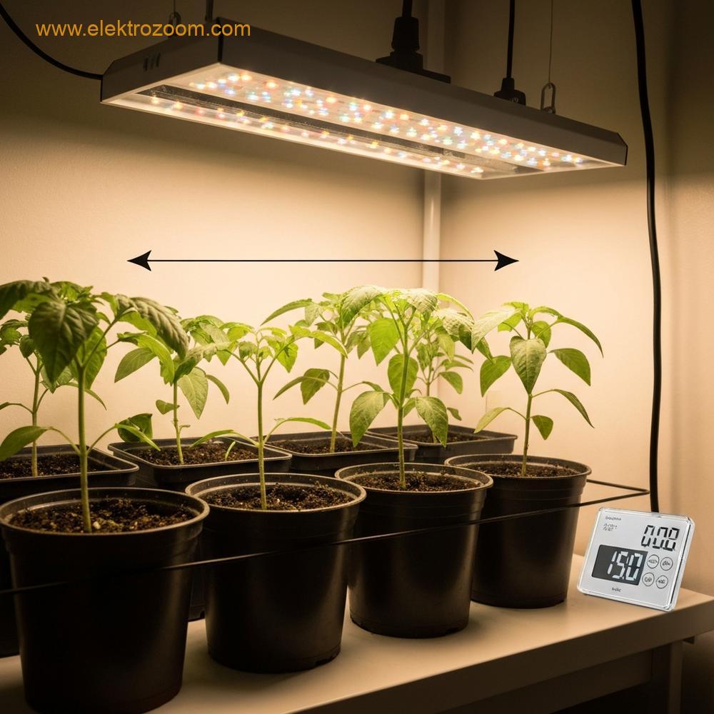 Ayarlanabilir bir LED yetiştirme lambası altında düzenli bir şekilde dizilmiş saksı bitkilerinin bulunduğu sofistike bir iç mekan bahçecilik sahnesi.
