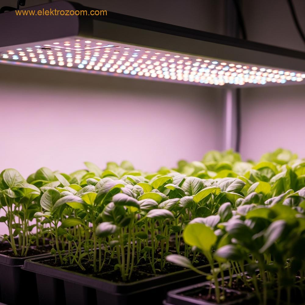 LED yetiştirme lambası altında gelişen canlı yeşil fideler, pembe-mor bir ışık yayıyor.