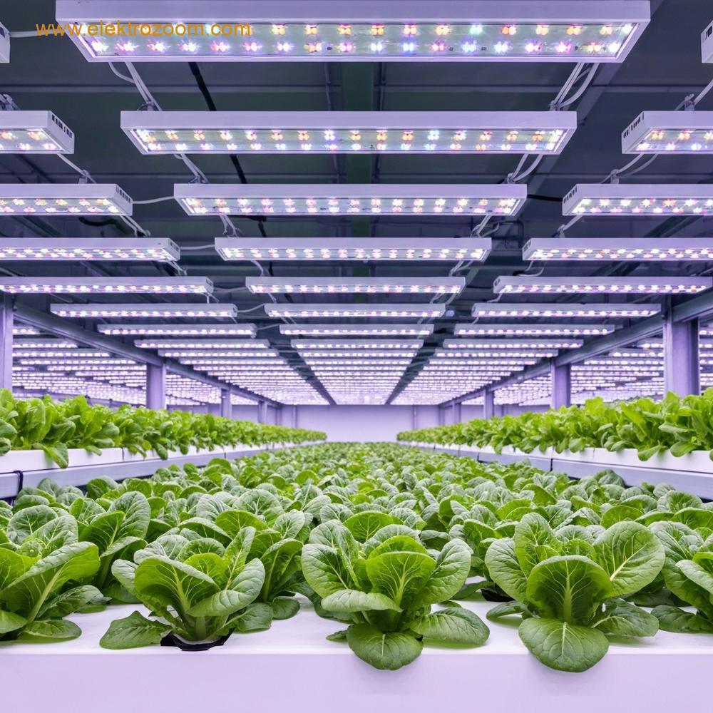 A modern, high-tech indoor vertical farm setup. Focus on rows of vibrant green leafy vegetables growing under bright, evenly spaced LED grow lights that emit a soft, purplish-white full spectrum light. The lighting setup should show complex array patterns without visible text or logos on the fixtures. Emphasize the clean, controlled environment and the precise illumination over the healthy plants. Realistic, high-resolution photography style. No visible text or lettering in the image.