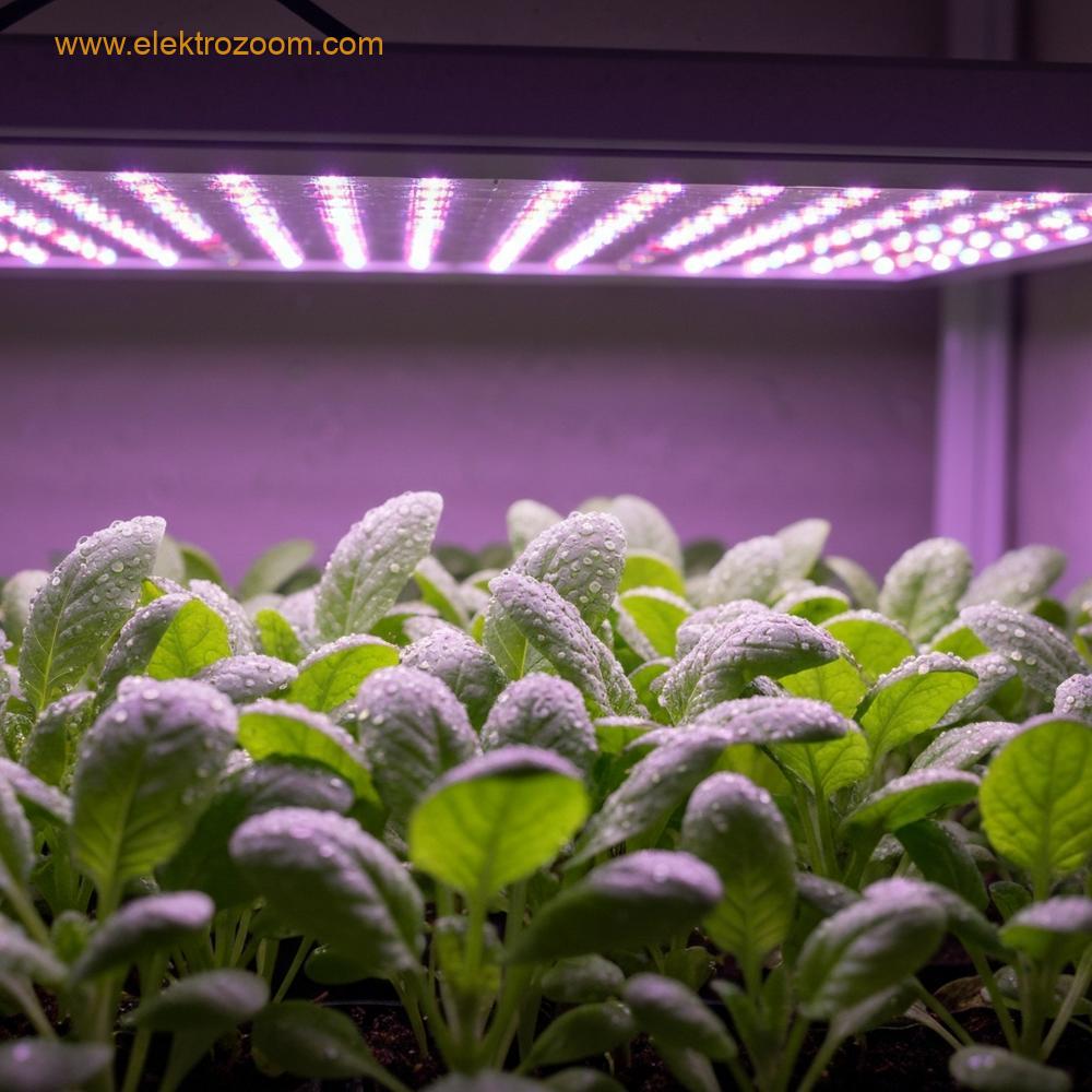 Yakın planda, modern, tam spektrumlu bir LED yetiştirme ışığı altında büyüyen canlı yeşil yapraklı fideler görülmektedir.