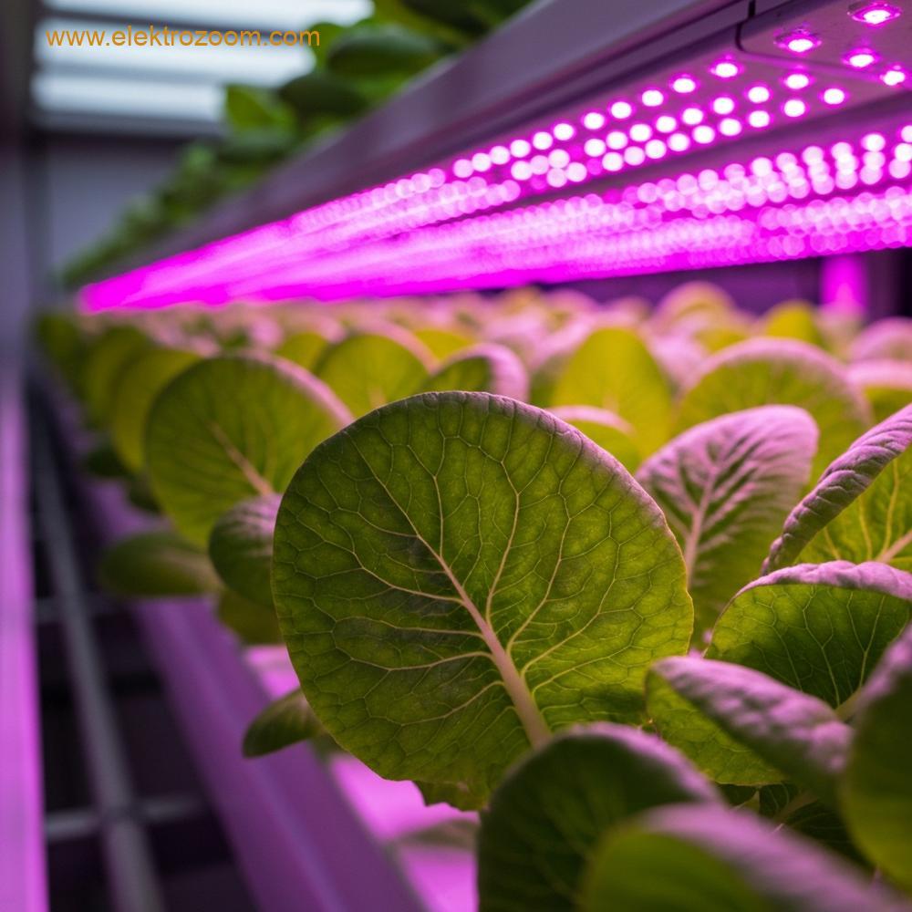 Yüksek teknolojili bir dikey çiftlik ortamında, yapay LED ışıklar altında büyüyen canlı yeşil sebzelerin yakın çekimi. Işıklar morumsu bir renkte parlamaktadır.