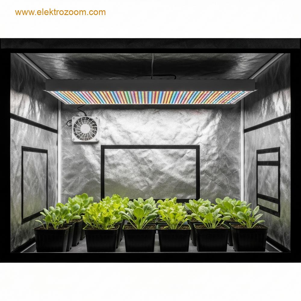 Yansıtıcı bir yetiştirme çadırı içindeki kompakt mini tarım kurulumu