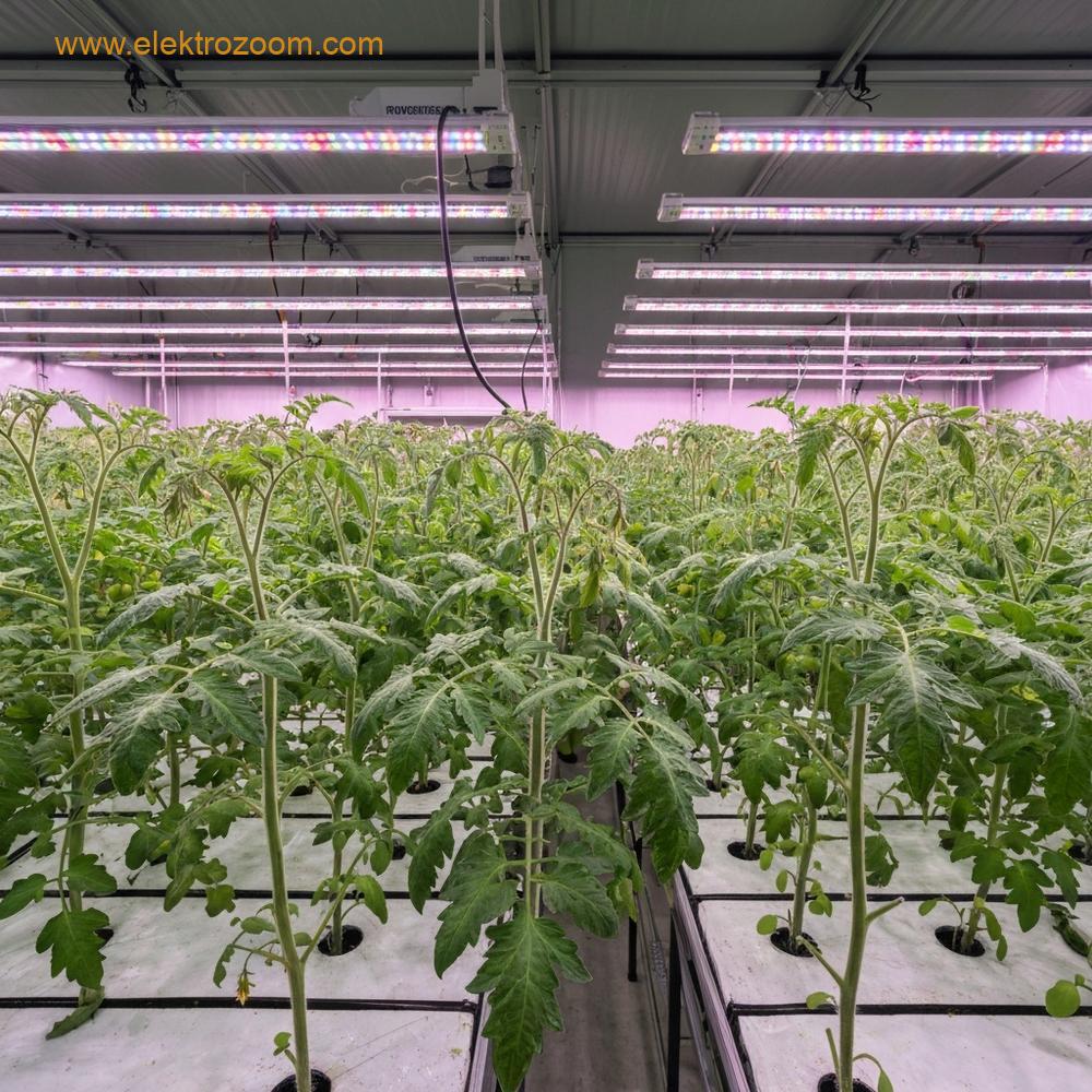 Küçük, kapalı bir iç mekan tarım kurulumunun içinden tam spektrumlu LED yetiştirme ışıkları altında gelişen genç domates bitkilerinin bulunduğu sıraları gösteren geniş açılı, gerçekçi bir çekim.
