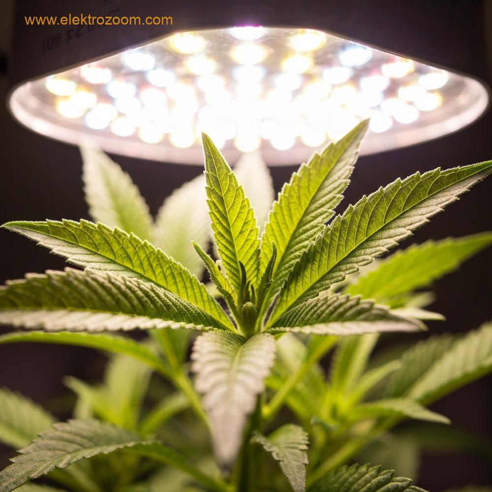 Close-up, detailed shot focusing on the leaves of a healthy, flowering plant under a powerful grow lamp. Show the intense, focused light coming from above, highlighting the rich colors of the foliage and the structure of the plant under optimal lighting conditions. The background should be blurred (bokeh effect) to emphasize the interaction between the light source and the plant. The light source itself should be visible but without any brand names or text on it. Realistic, vibrant colors. No visible text or lettering in the image.