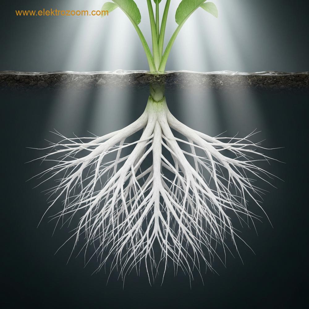 Yapay yetiştirme ışıkları altında şeffaf, nemli ortamda büyüyen sağlıklı bir bitkinin kök sistemini gösteren bir kesit görünümü. Kökler kalın, beyaz ve yoğun dallanmış olup, kuvvetli bir gelişim gösteriyor. Üstteki toprak/ortam katmanına nüfuz eden ince ışık ışınları, kök yapısına dolaylı faydasını sembolize ediyor. Fotogerçekçi, kök kütlesine derin odak. Görüntüde metin veya yazı görünmüyor. Sinematik aydınlatma.