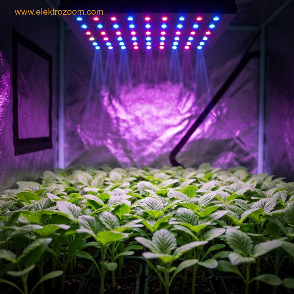 Fidelerin yakın çekimi, parlak mor-pembe bir LED ışık altında büyüdüğü modern bir iç mekan yetiştirme çadırını gösteriyor.