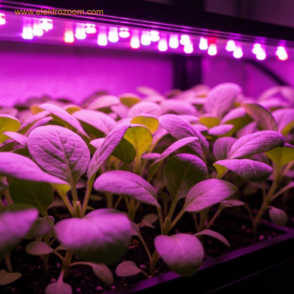 Özel bir LED yetiştirme ışığı altında özel bir ışık spektrumu yayan, kontrollü bir iç ortamda büyüyen canlı yeşil yapraklı fidelerin yakından, son derece ayrıntılı, gerçekçi fotoğrafı. Işık, bitkileri vurgulayarak belirgin bir pembemsi-mor ton yaymaktadır. Odak noktası, yapraklar üzerine yansıyan yoğun parıltı olmalı, özel ışık spektrumunu vurgulamalıdır. Hiçbir yüzeyde görünür metin veya yazı bulunmamaktadır. Makro fotoğrafçılık stili, profesyonel stüdyo aydınlatma kurulumu.