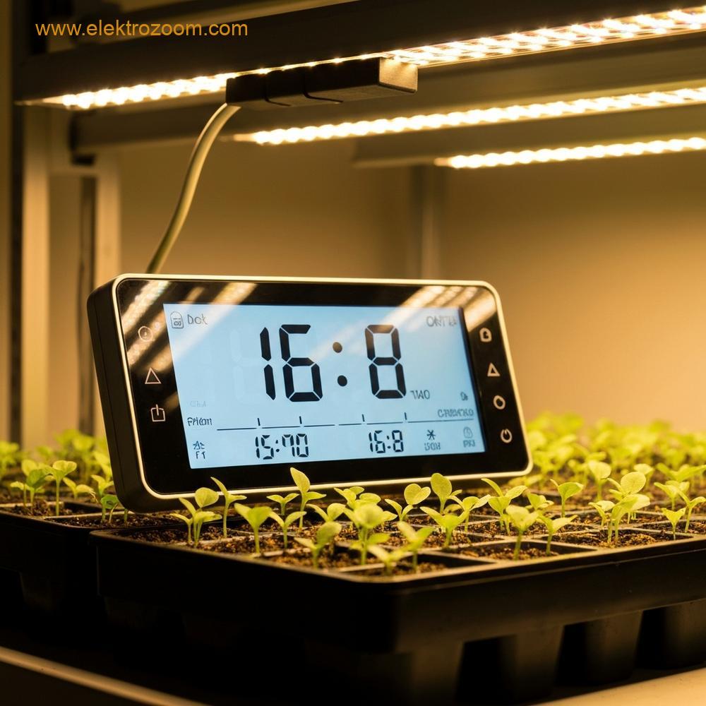 Profesyonel bir yetiştirme lambası sistemine bağlı modern bir dijital zamanlayıcının yakın çekimi, küçük fideleri aydınlatıyor. Zamanlayıcı, programlanmış bir döngünün görsel temsilini yansıtıyor.