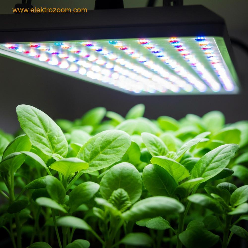 Genç yeşil yapraklı fidelerin parlak yeşil renkte ve sağlıklı bir şekilde büyüdüğü, üzerlerinde süspansiyonlu güçlü bir tam spektrumlu LED yetiştirme lambasının olduğu yakın çekim ve son derece detaylı bir fotoğraf. Işık dengeli bir parlaklık yayıyor.
