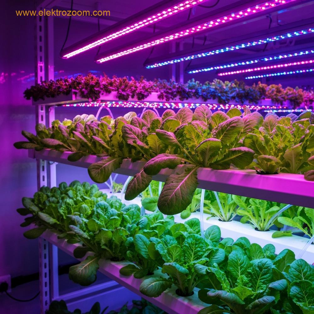 Dikey tarım kulelerinde modern, steril bir iç mekanda, dikey hidroponik kulelerde yetişen canlı yeşil yapraklı sebze fidelerinin hiper-gerçekçi, yakın çekim fotoğrafı. Tek aydınlatma, katmanların üzerinde asılı duran yoğun, derin macenta ve soğuk mavi LED yetiştirme ışıklarından geliyor. Besin tüplerinin karmaşık ağı ve temiz beyaz raf üniteleri gösterilmeli. Odak noktası, spektral ışık altında parlayan yapraklar olmalı. Görüntüde kesinlikle metin veya harf görünmemeli. Gerçekçi aydınlatma ve doku, 8k çözünürlük.