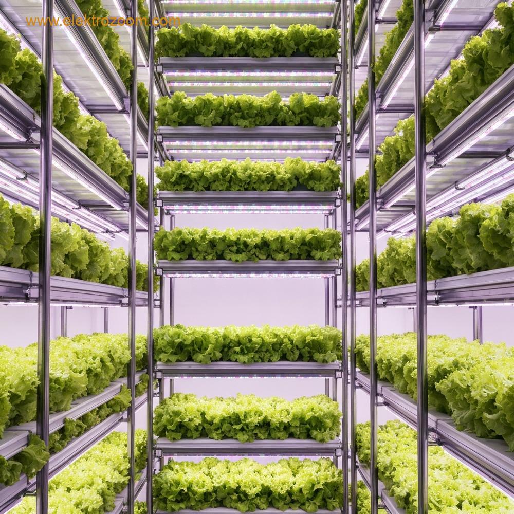 Çok katlı, temiz bir iç mekan dikey tarım kurulumu. Her rafta canlı yeşil sebzeler ve alttan aydınlatan güçlü LED lambalar görülüyor.