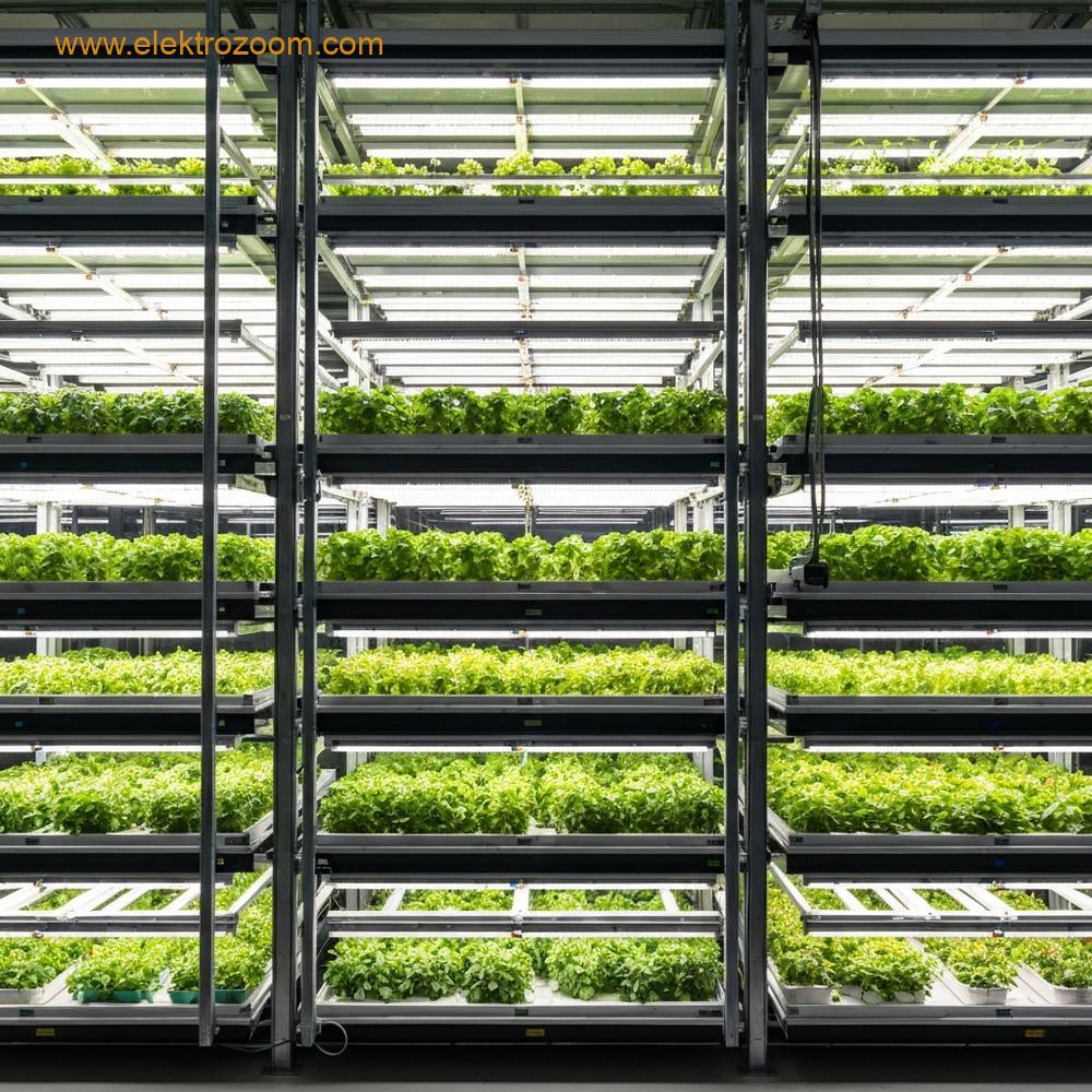 Modern bir dikey tarım tesisinin iç görüntüsü. Birden fazla katmandaki yetiştirme rafları, her seviyede eşit dağıtılmış LED armatürlerle aydınlatılmaktadır.